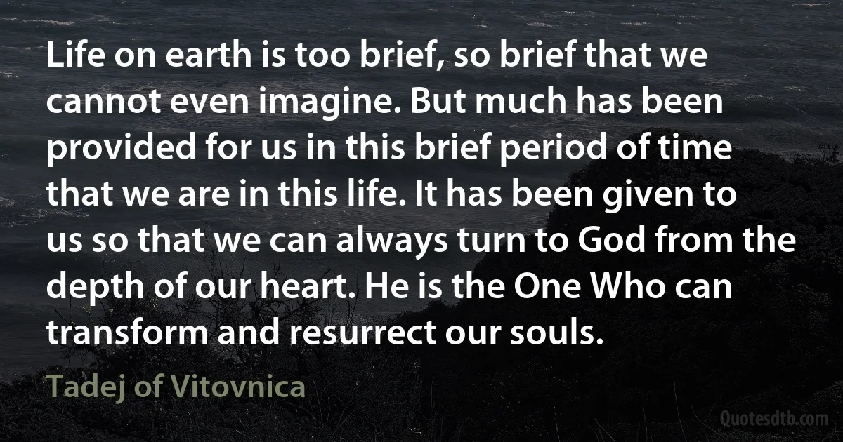 Life on earth is too brief, so brief that we cannot even imagine. But much has been provided for us in this brief period of time that we are in this life. It has been given to us so that we can always turn to God from the depth of our heart. He is the One Who can transform and resurrect our souls. (Tadej of Vitovnica)