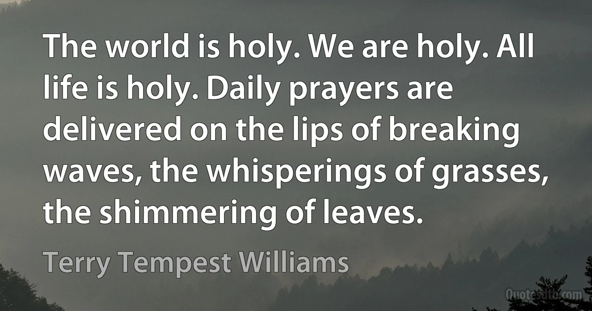 The world is holy. We are holy. All life is holy. Daily prayers are delivered on the lips of breaking waves, the whisperings of grasses, the shimmering of leaves. (Terry Tempest Williams)