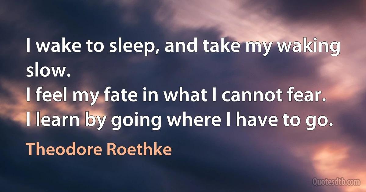 I wake to sleep, and take my waking slow.
I feel my fate in what I cannot fear.
I learn by going where I have to go. (Theodore Roethke)