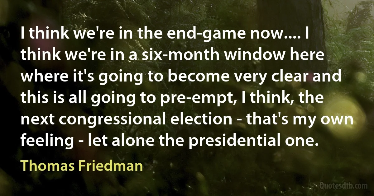 I think we're in the end-game now.... I think we're in a six-month window here where it's going to become very clear and this is all going to pre-empt, I think, the next congressional election - that's my own feeling - let alone the presidential one. (Thomas Friedman)