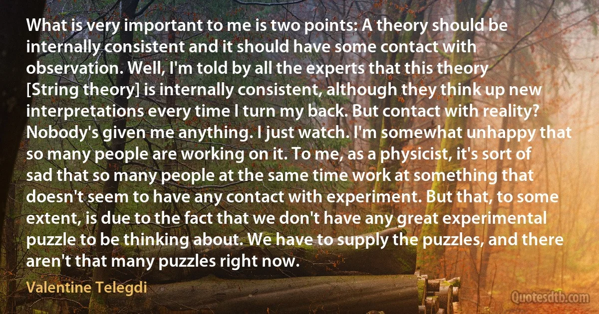 What is very important to me is two points: A theory should be internally consistent and it should have some contact with observation. Well, I'm told by all the experts that this theory [String theory] is internally consistent, although they think up new interpretations every time I turn my back. But contact with reality? Nobody's given me anything. I just watch. I'm somewhat unhappy that so many people are working on it. To me, as a physicist, it's sort of sad that so many people at the same time work at something that doesn't seem to have any contact with experiment. But that, to some extent, is due to the fact that we don't have any great experimental puzzle to be thinking about. We have to supply the puzzles, and there aren't that many puzzles right now. (Valentine Telegdi)