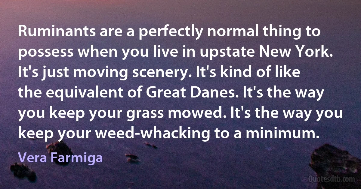 Ruminants are a perfectly normal thing to possess when you live in upstate New York. It's just moving scenery. It's kind of like the equivalent of Great Danes. It's the way you keep your grass mowed. It's the way you keep your weed-whacking to a minimum. (Vera Farmiga)