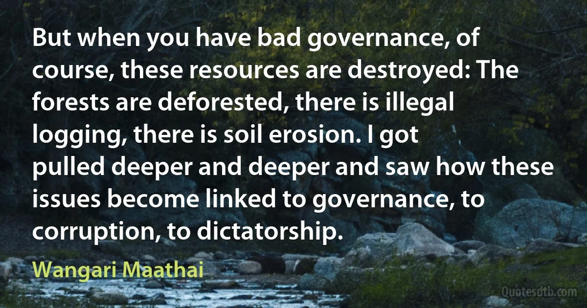 But when you have bad governance, of course, these resources are destroyed: The forests are deforested, there is illegal logging, there is soil erosion. I got pulled deeper and deeper and saw how these issues become linked to governance, to corruption, to dictatorship. (Wangari Maathai)