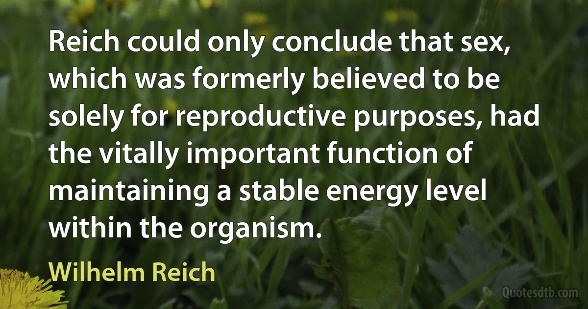 Reich could only conclude that sex, which was formerly believed to be solely for reproductive purposes, had the vitally important function of maintaining a stable energy level within the organism. (Wilhelm Reich)