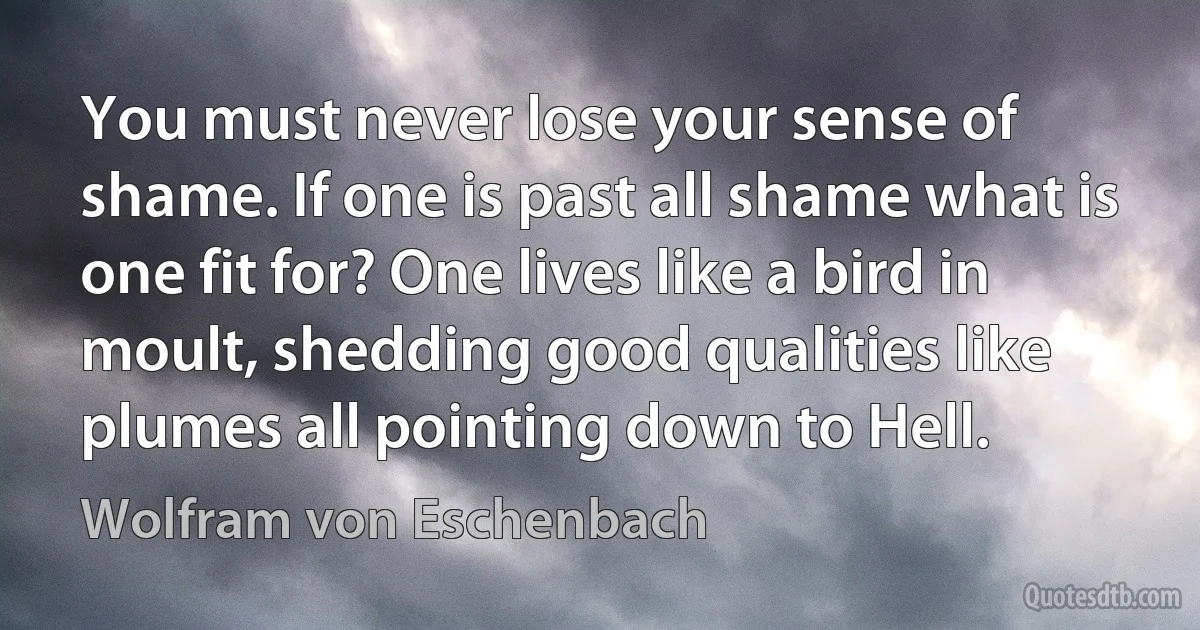 You must never lose your sense of shame. If one is past all shame what is one fit for? One lives like a bird in moult, shedding good qualities like plumes all pointing down to Hell. (Wolfram von Eschenbach)