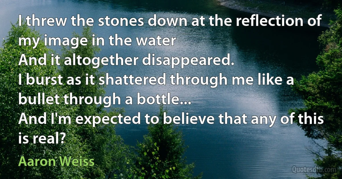 I threw the stones down at the reflection of my image in the water
And it altogether disappeared.
I burst as it shattered through me like a bullet through a bottle...
And I'm expected to believe that any of this is real? (Aaron Weiss)