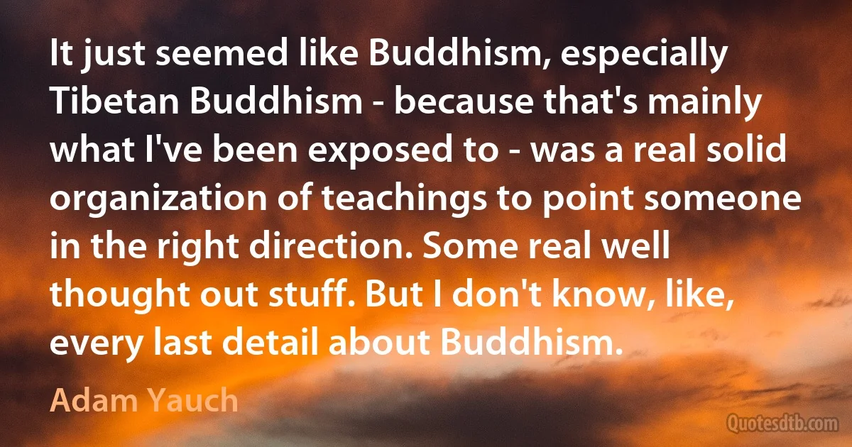 It just seemed like Buddhism, especially Tibetan Buddhism - because that's mainly what I've been exposed to - was a real solid organization of teachings to point someone in the right direction. Some real well thought out stuff. But I don't know, like, every last detail about Buddhism. (Adam Yauch)