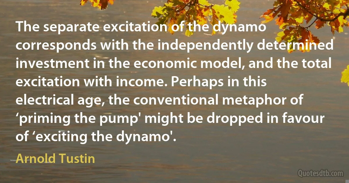 The separate excitation of the dynamo corresponds with the independently determined investment in the economic model, and the total excitation with income. Perhaps in this electrical age, the conventional metaphor of ‘priming the pump' might be dropped in favour of ‘exciting the dynamo'. (Arnold Tustin)