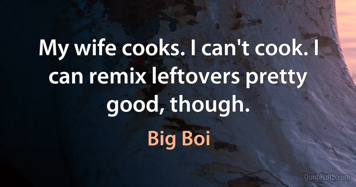 My wife cooks. I can't cook. I can remix leftovers pretty good, though. (Big Boi)