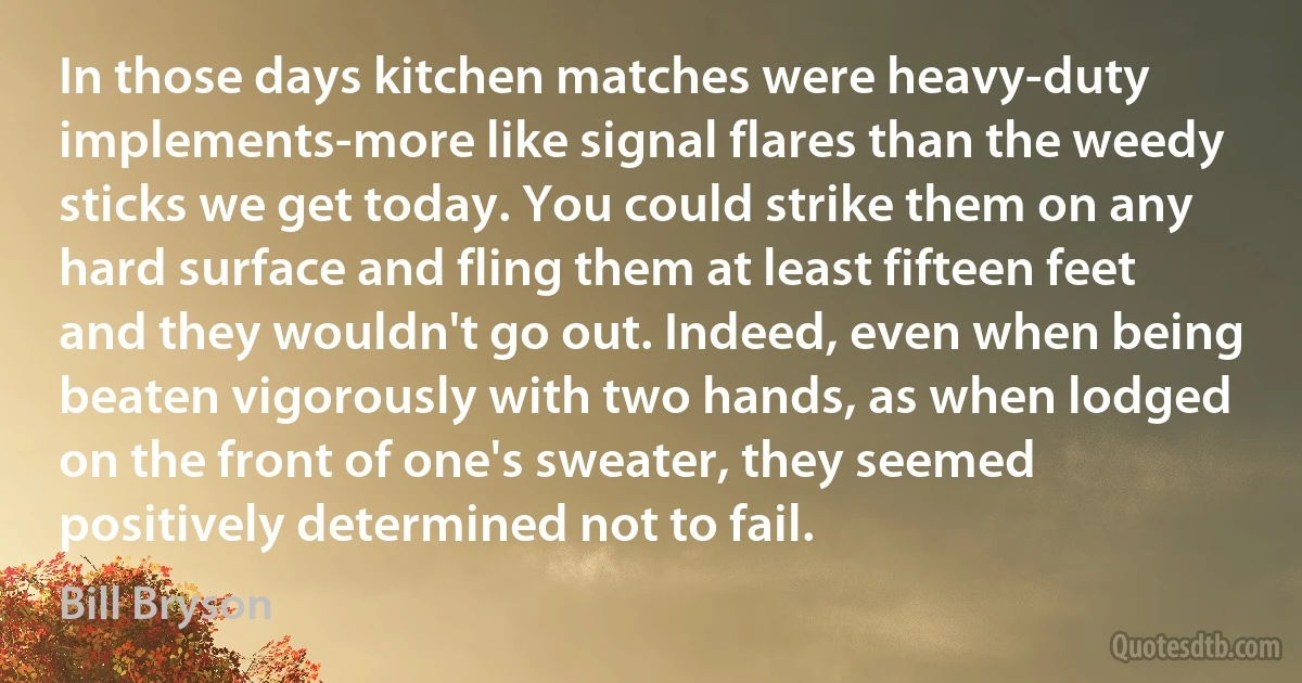 In those days kitchen matches were heavy-duty implements-more like signal flares than the weedy sticks we get today. You could strike them on any hard surface and fling them at least fifteen feet and they wouldn't go out. Indeed, even when being beaten vigorously with two hands, as when lodged on the front of one's sweater, they seemed positively determined not to fail. (Bill Bryson)