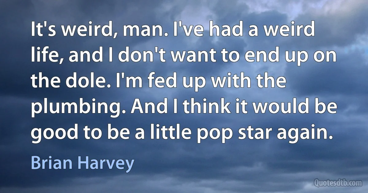 It's weird, man. I've had a weird life, and I don't want to end up on the dole. I'm fed up with the plumbing. And I think it would be good to be a little pop star again. (Brian Harvey)