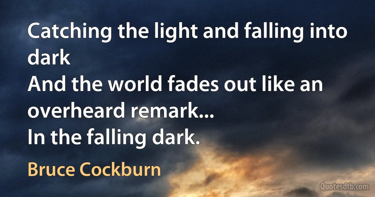 Catching the light and falling into dark
And the world fades out like an overheard remark...
In the falling dark. (Bruce Cockburn)