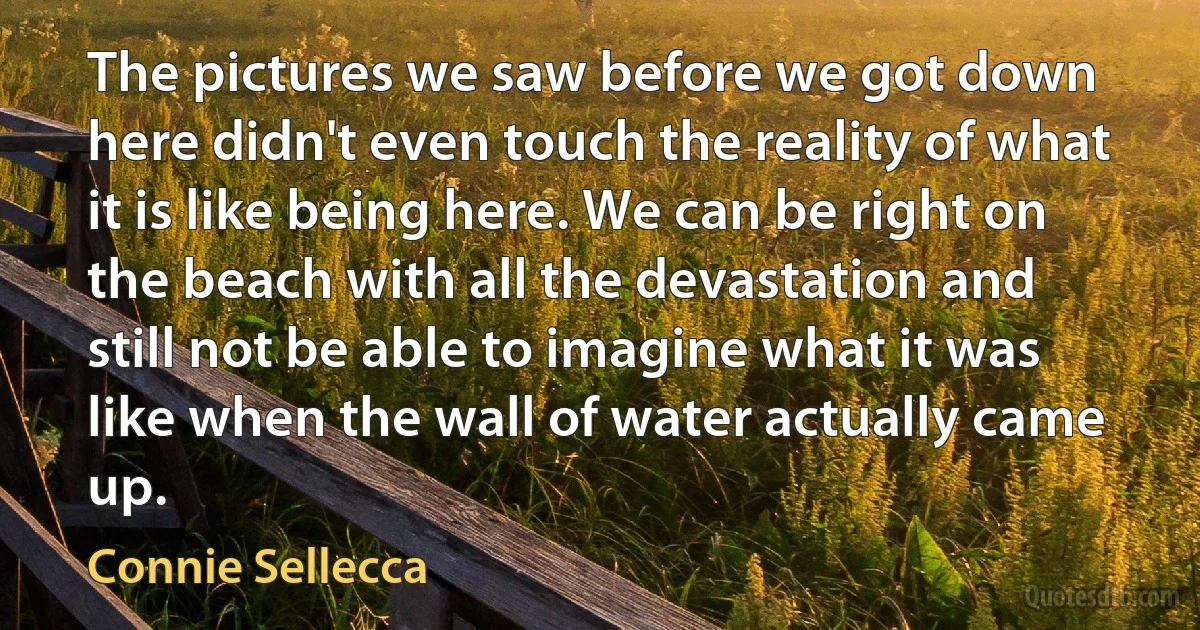 The pictures we saw before we got down here didn't even touch the reality of what it is like being here. We can be right on the beach with all the devastation and still not be able to imagine what it was like when the wall of water actually came up. (Connie Sellecca)