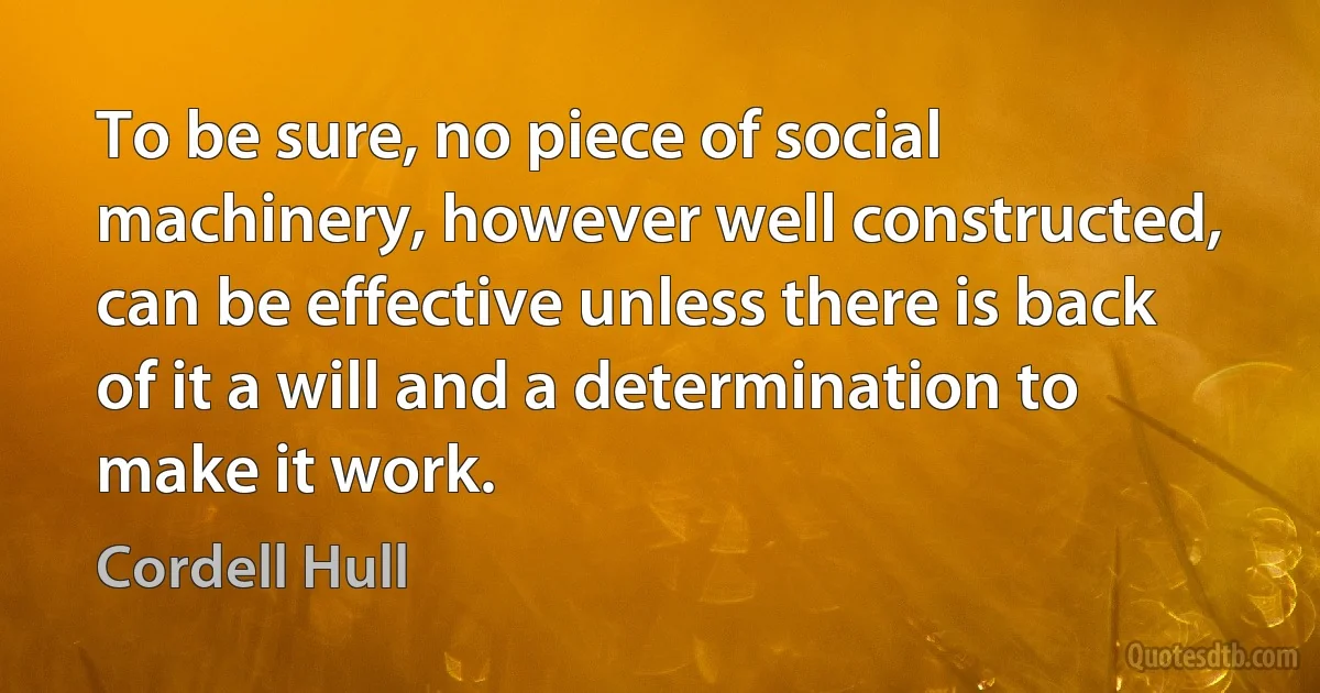 To be sure, no piece of social machinery, however well constructed, can be effective unless there is back of it a will and a determination to make it work. (Cordell Hull)