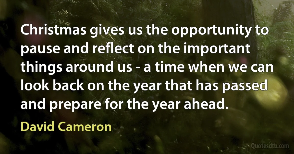 Christmas gives us the opportunity to pause and reflect on the important things around us - a time when we can look back on the year that has passed and prepare for the year ahead. (David Cameron)