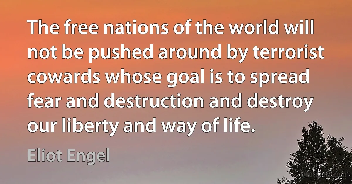 The free nations of the world will not be pushed around by terrorist cowards whose goal is to spread fear and destruction and destroy our liberty and way of life. (Eliot Engel)