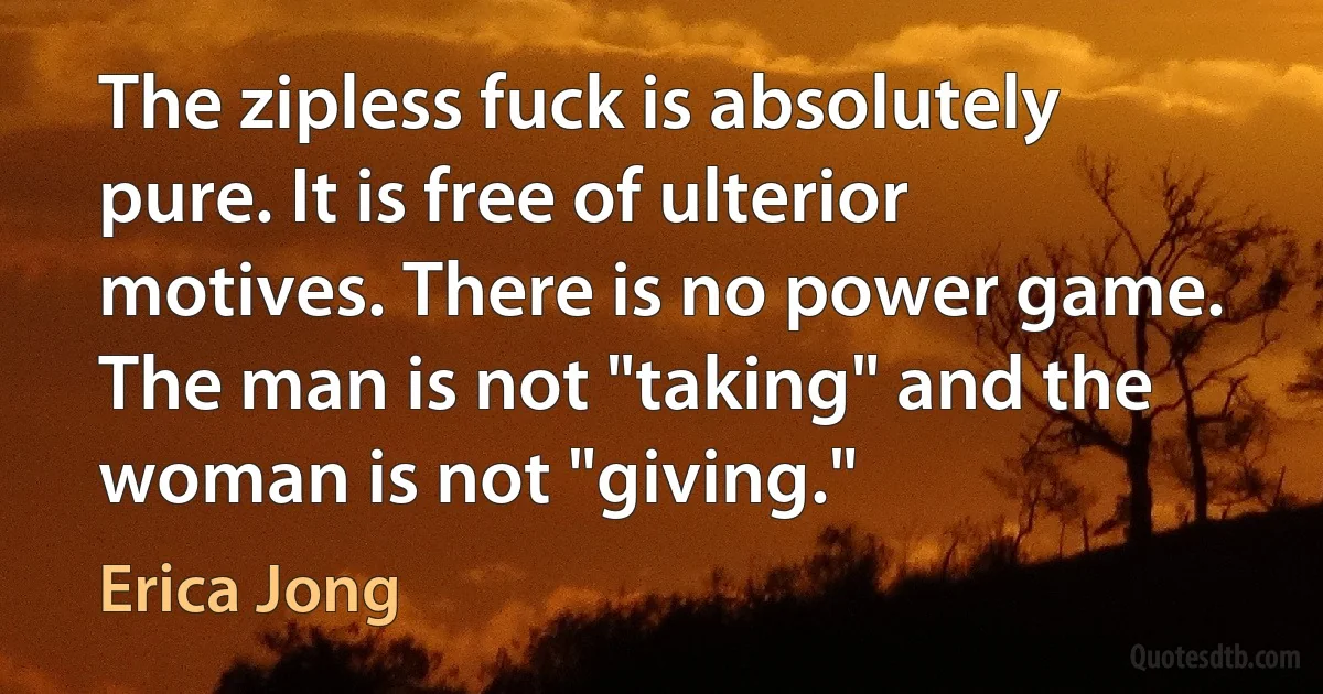 The zipless fuck is absolutely pure. It is free of ulterior motives. There is no power game. The man is not "taking" and the woman is not "giving." (Erica Jong)