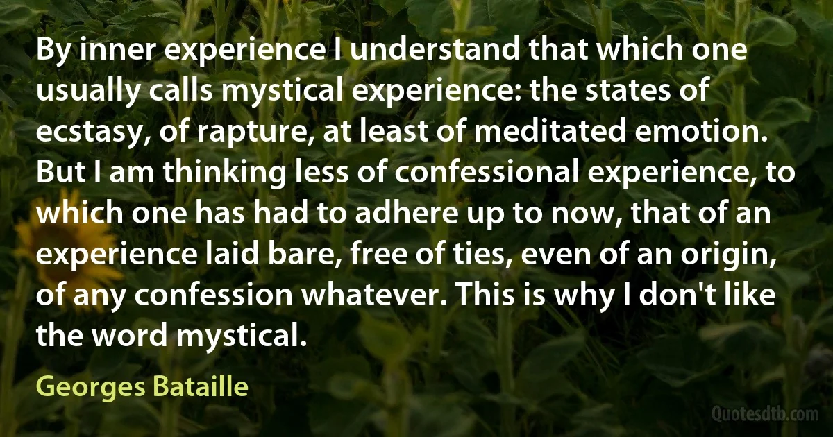 By inner experience I understand that which one usually calls mystical experience: the states of ecstasy, of rapture, at least of meditated emotion. But I am thinking less of confessional experience, to which one has had to adhere up to now, that of an experience laid bare, free of ties, even of an origin, of any confession whatever. This is why I don't like the word mystical. (Georges Bataille)