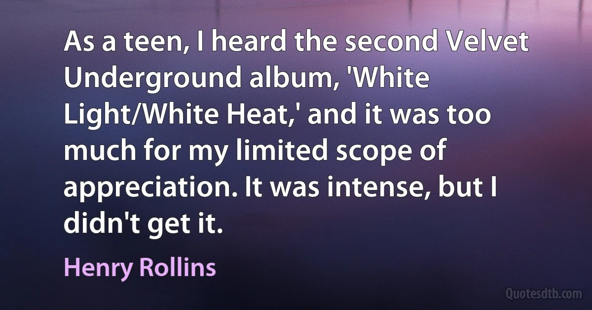 As a teen, I heard the second Velvet Underground album, 'White Light/White Heat,' and it was too much for my limited scope of appreciation. It was intense, but I didn't get it. (Henry Rollins)