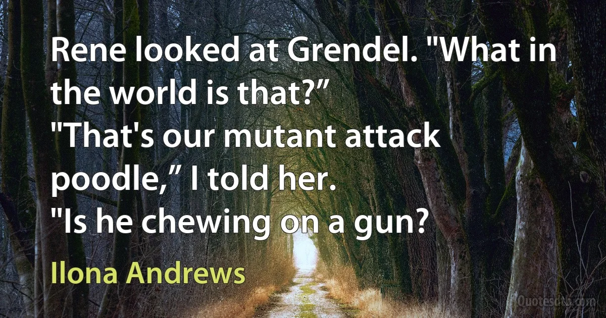 Rene looked at Grendel. "What in the world is that?”
"That's our mutant attack poodle,” I told her.
"Is he chewing on a gun? (Ilona Andrews)