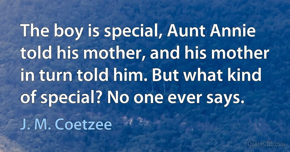 The boy is special, Aunt Annie told his mother, and his mother in turn told him. But what kind of special? No one ever says. (J. M. Coetzee)