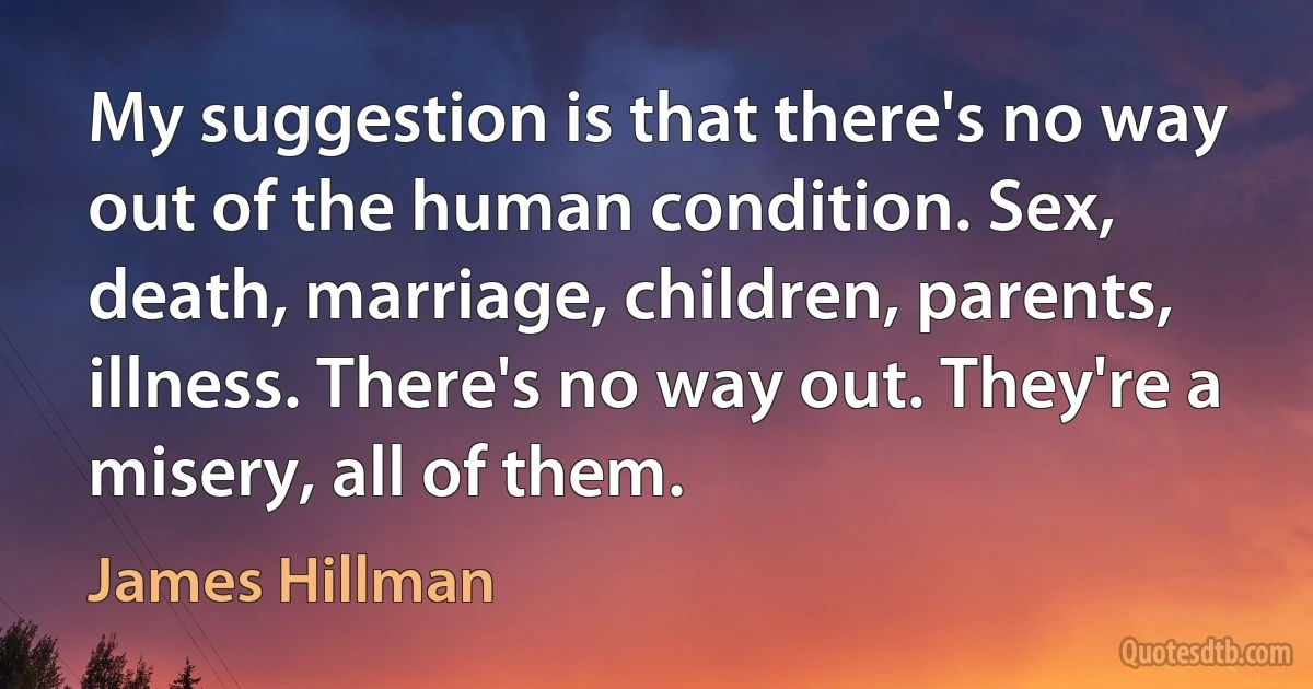 My suggestion is that there's no way out of the human condition. Sex, death, marriage, children, parents, illness. There's no way out. They're a misery, all of them. (James Hillman)