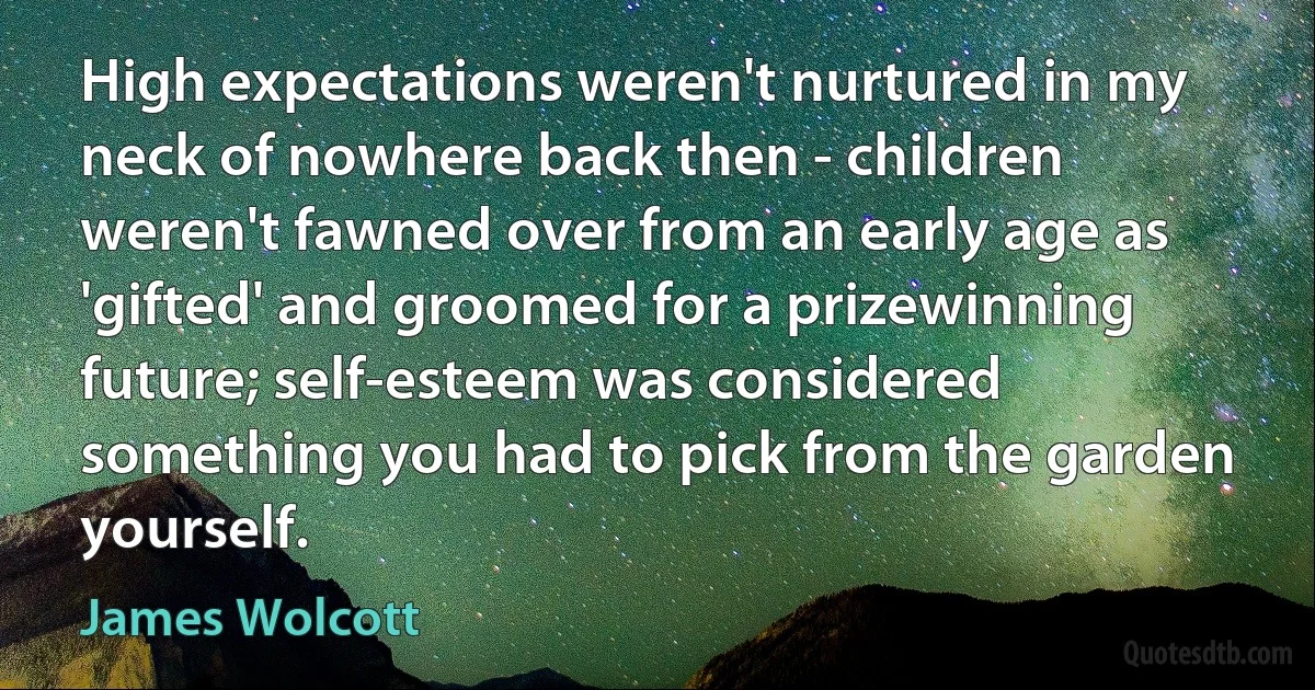 High expectations weren't nurtured in my neck of nowhere back then - children weren't fawned over from an early age as 'gifted' and groomed for a prizewinning future; self-esteem was considered something you had to pick from the garden yourself. (James Wolcott)