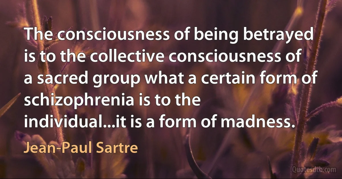 The consciousness of being betrayed is to the collective consciousness of a sacred group what a certain form of schizophrenia is to the individual...it is a form of madness. (Jean-Paul Sartre)