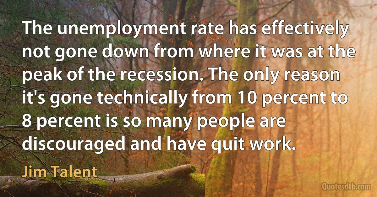 The unemployment rate has effectively not gone down from where it was at the peak of the recession. The only reason it's gone technically from 10 percent to 8 percent is so many people are discouraged and have quit work. (Jim Talent)