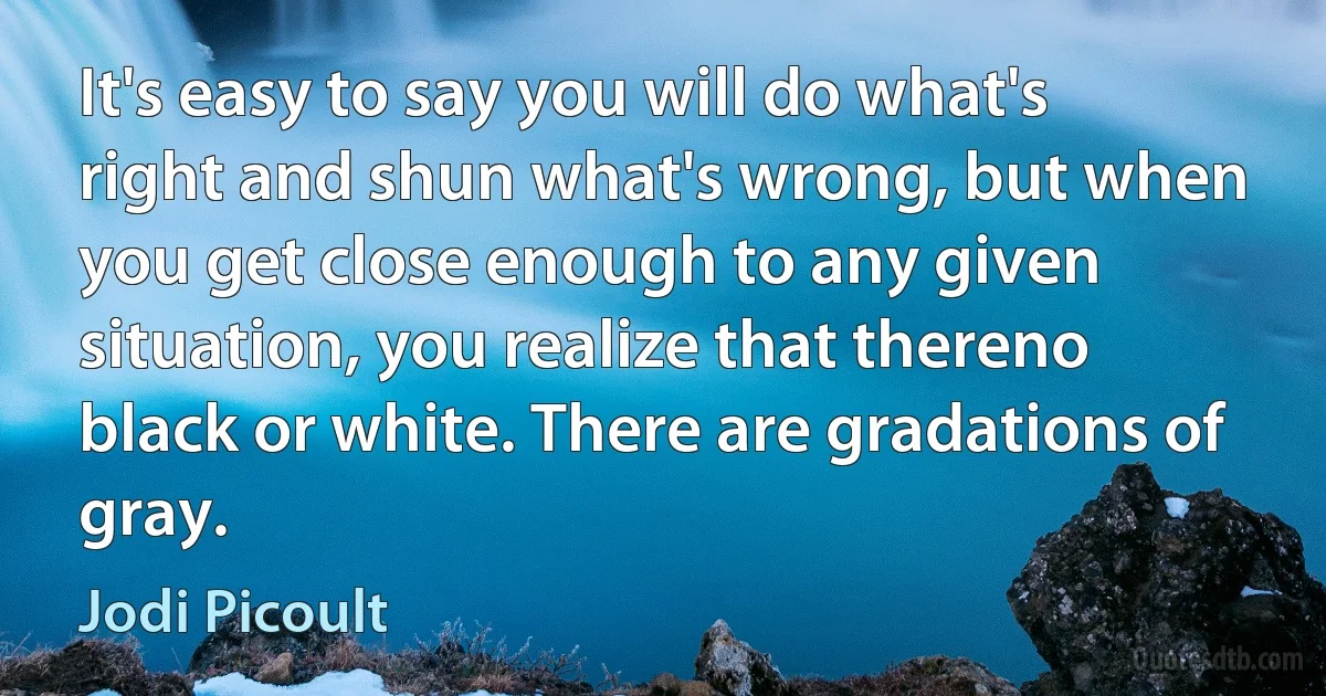 It's easy to say you will do what's right and shun what's wrong, but when you get close enough to any given situation, you realize that thereno black or white. There are gradations of gray. (Jodi Picoult)