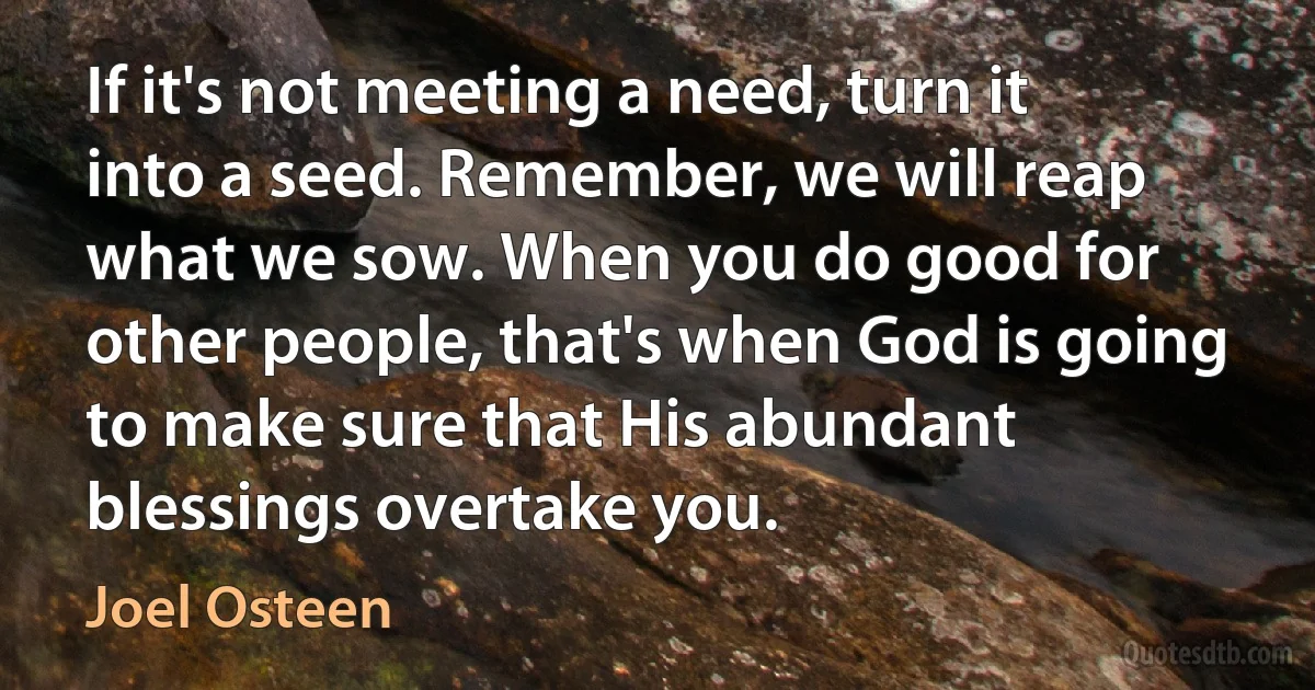 If it's not meeting a need, turn it into a seed. Remember, we will reap what we sow. When you do good for other people, that's when God is going to make sure that His abundant blessings overtake you. (Joel Osteen)