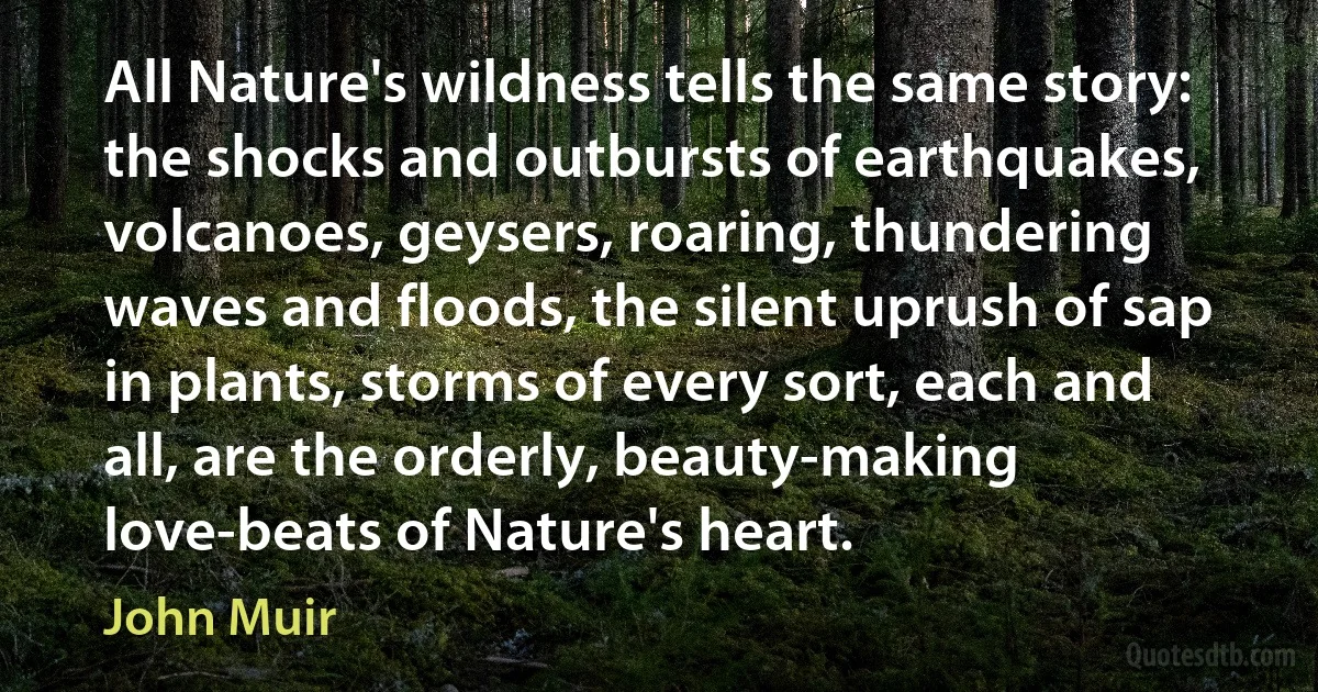 All Nature's wildness tells the same story: the shocks and outbursts of earthquakes, volcanoes, geysers, roaring, thundering waves and floods, the silent uprush of sap in plants, storms of every sort, each and all, are the orderly, beauty-making love-beats of Nature's heart. (John Muir)