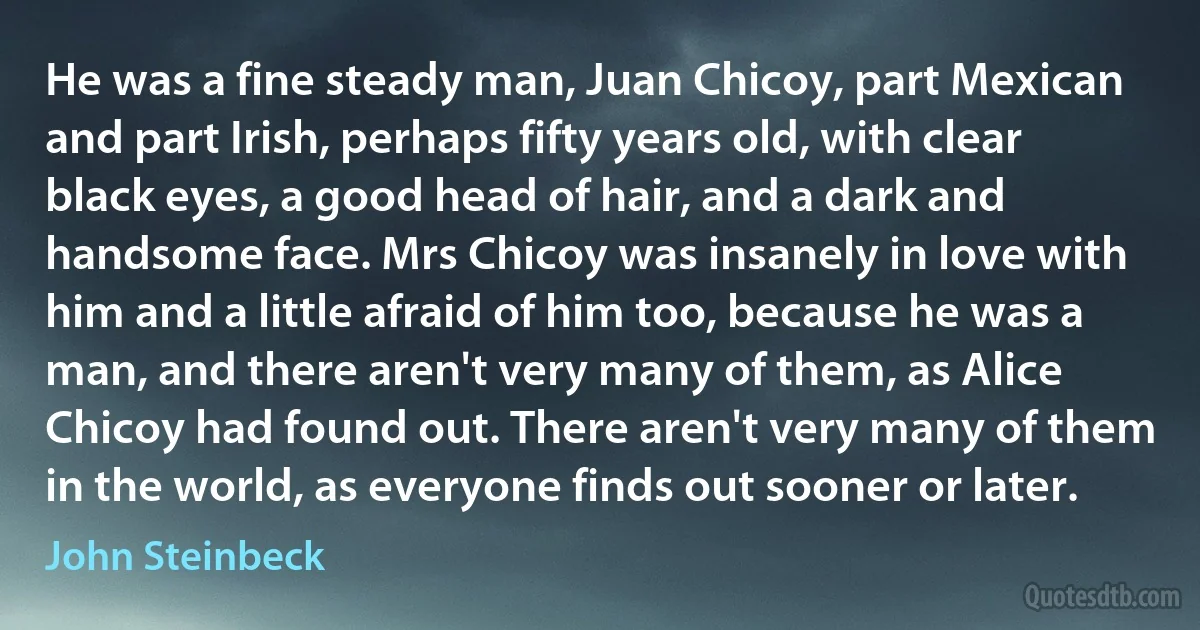 He was a fine steady man, Juan Chicoy, part Mexican and part Irish, perhaps fifty years old, with clear black eyes, a good head of hair, and a dark and handsome face. Mrs Chicoy was insanely in love with him and a little afraid of him too, because he was a man, and there aren't very many of them, as Alice Chicoy had found out. There aren't very many of them in the world, as everyone finds out sooner or later. (John Steinbeck)