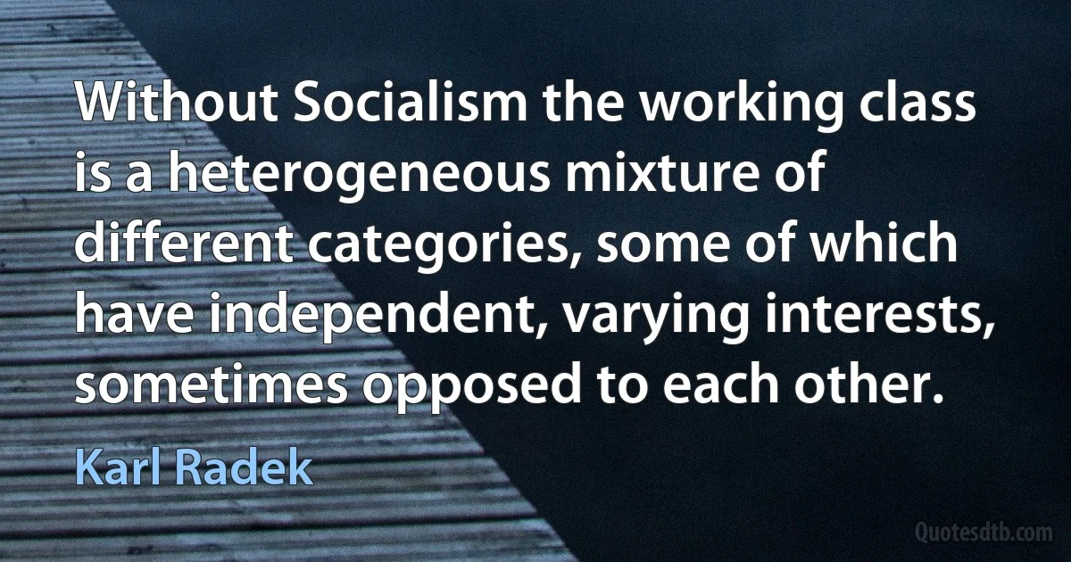 Without Socialism the working class is a heterogeneous mixture of different categories, some of which have independent, varying interests, sometimes opposed to each other. (Karl Radek)