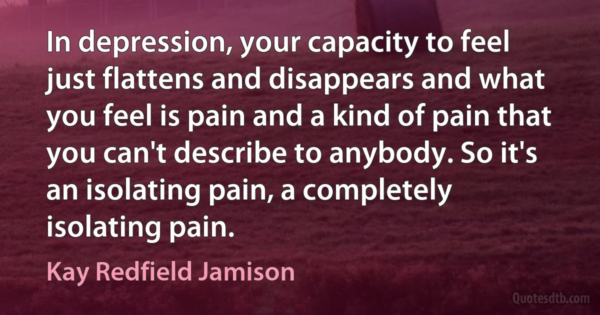 In depression, your capacity to feel just flattens and disappears and what you feel is pain and a kind of pain that you can't describe to anybody. So it's an isolating pain, a completely isolating pain. (Kay Redfield Jamison)