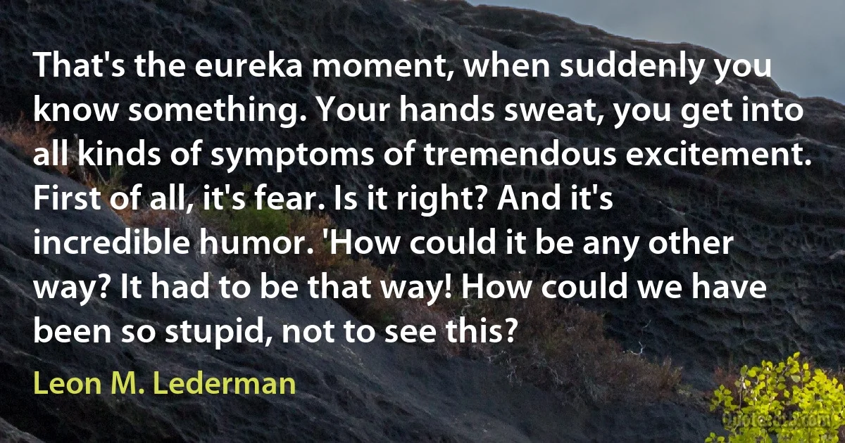 That's the eureka moment, when suddenly you know something. Your hands sweat, you get into all kinds of symptoms of tremendous excitement. First of all, it's fear. Is it right? And it's incredible humor. 'How could it be any other way? It had to be that way! How could we have been so stupid, not to see this? (Leon M. Lederman)