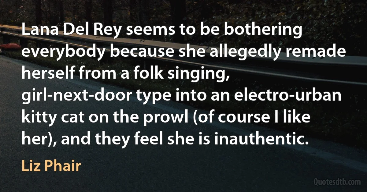 Lana Del Rey seems to be bothering everybody because she allegedly remade herself from a folk singing, girl-next-door type into an electro-urban kitty cat on the prowl (of course I like her), and they feel she is inauthentic. (Liz Phair)