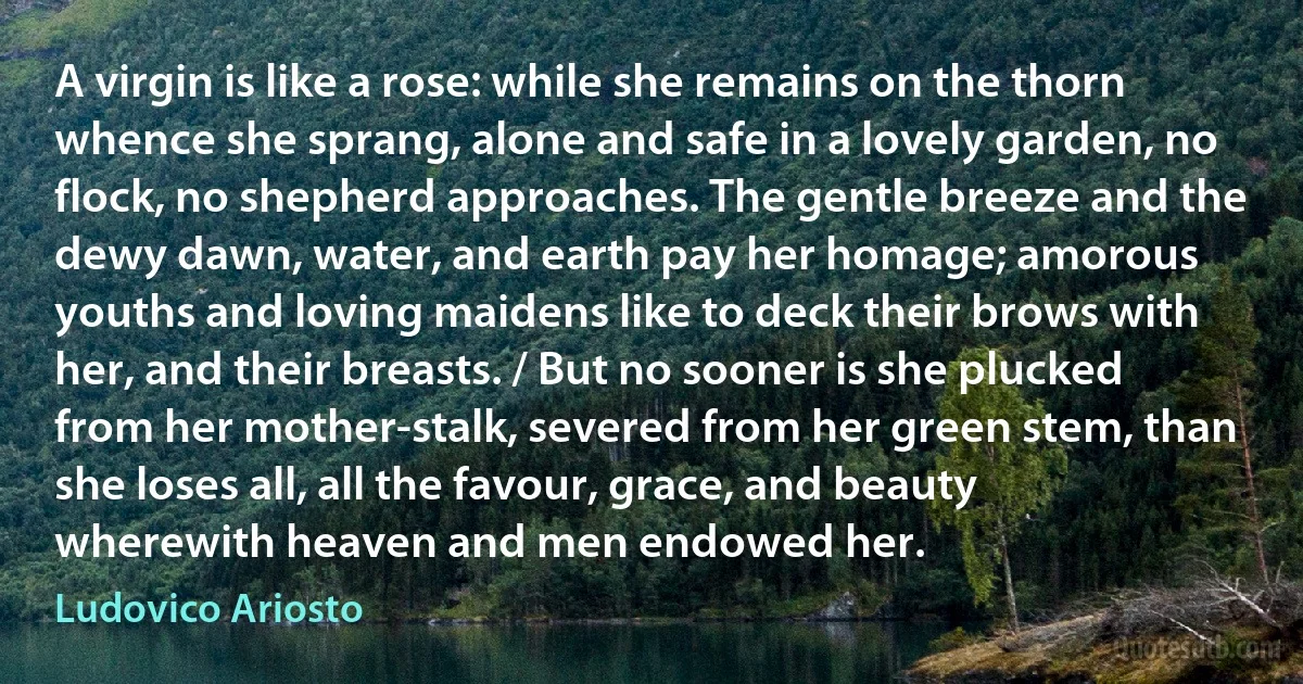 A virgin is like a rose: while she remains on the thorn whence she sprang, alone and safe in a lovely garden, no flock, no shepherd approaches. The gentle breeze and the dewy dawn, water, and earth pay her homage; amorous youths and loving maidens like to deck their brows with her, and their breasts. / But no sooner is she plucked from her mother-stalk, severed from her green stem, than she loses all, all the favour, grace, and beauty wherewith heaven and men endowed her. (Ludovico Ariosto)