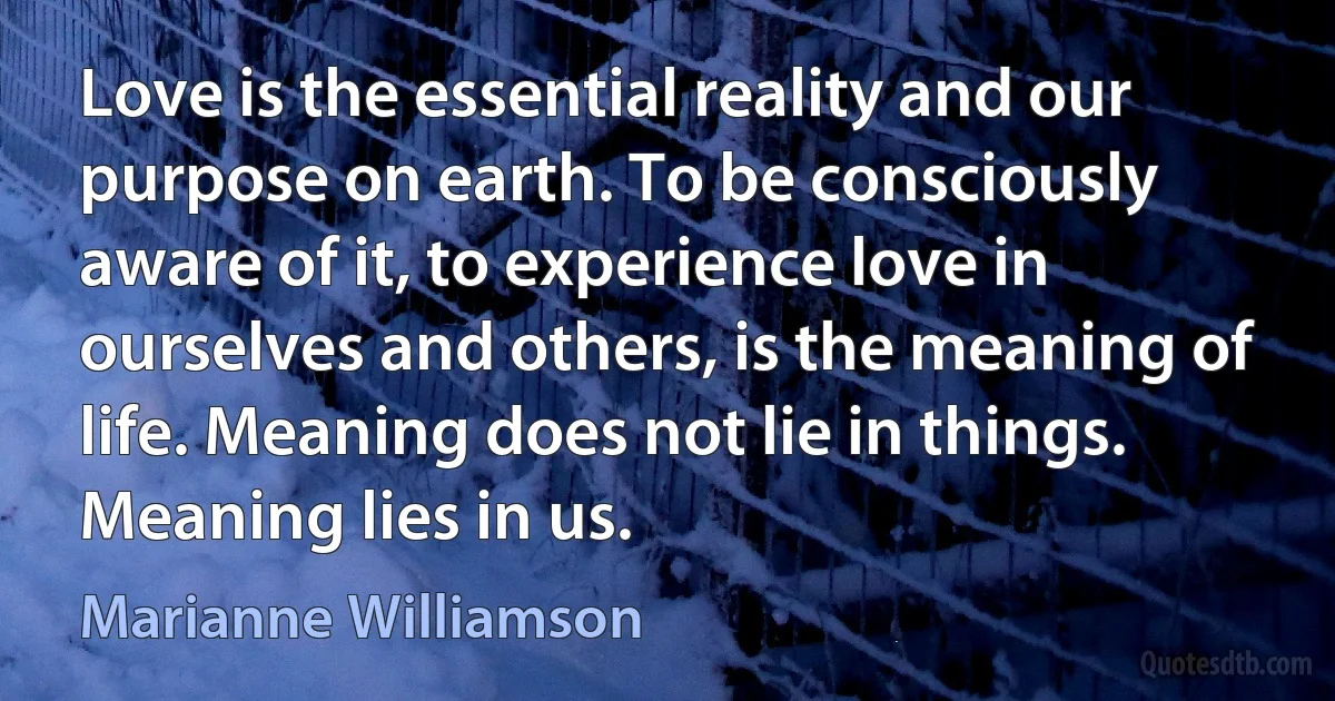 Love is the essential reality and our purpose on earth. To be consciously aware of it, to experience love in ourselves and others, is the meaning of life. Meaning does not lie in things. Meaning lies in us. (Marianne Williamson)