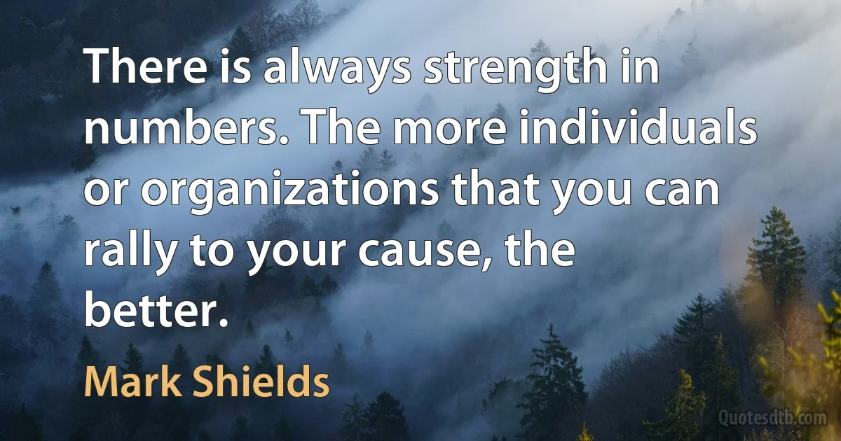 There is always strength in numbers. The more individuals or organizations that you can rally to your cause, the better. (Mark Shields)