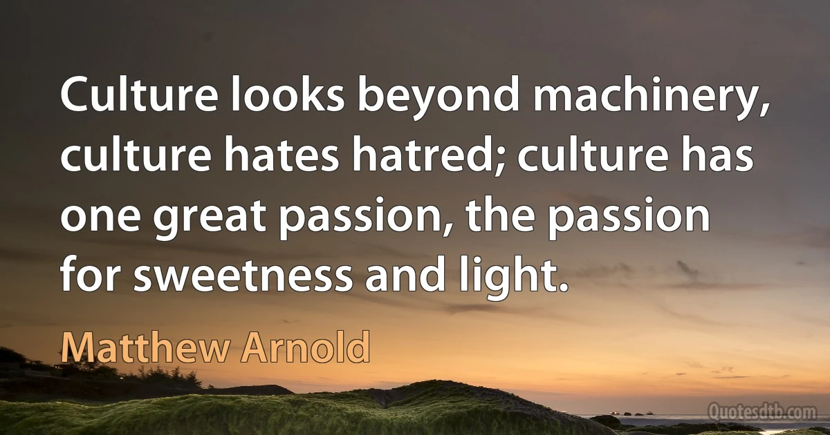 Culture looks beyond machinery, culture hates hatred; culture has one great passion, the passion for sweetness and light. (Matthew Arnold)