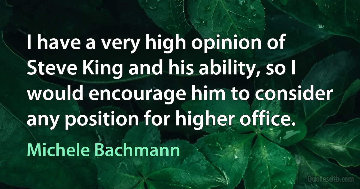 I have a very high opinion of Steve King and his ability, so I would encourage him to consider any position for higher office. (Michele Bachmann)