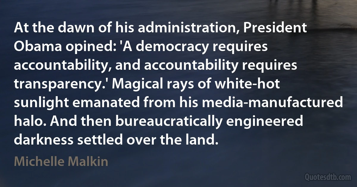 At the dawn of his administration, President Obama opined: 'A democracy requires accountability, and accountability requires transparency.' Magical rays of white-hot sunlight emanated from his media-manufactured halo. And then bureaucratically engineered darkness settled over the land. (Michelle Malkin)