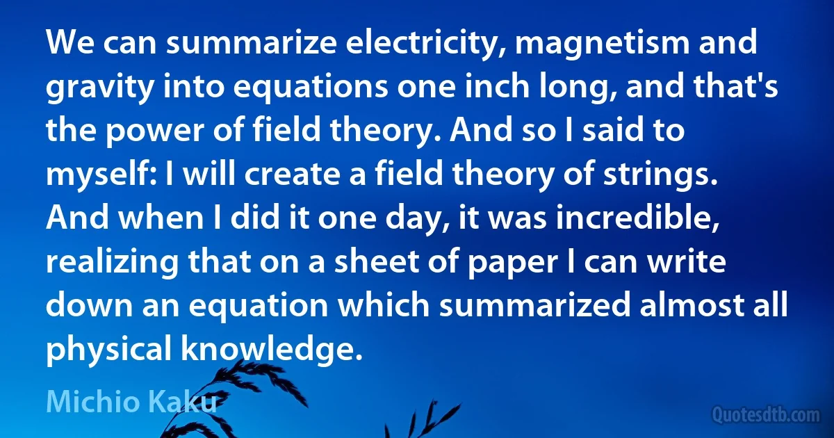 We can summarize electricity, magnetism and gravity into equations one inch long, and that's the power of field theory. And so I said to myself: I will create a field theory of strings. And when I did it one day, it was incredible, realizing that on a sheet of paper I can write down an equation which summarized almost all physical knowledge. (Michio Kaku)