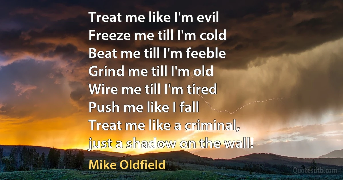 Treat me like I'm evil
Freeze me till I'm cold
Beat me till I'm feeble
Grind me till I'm old
Wire me till I'm tired
Push me like I fall
Treat me like a criminal,
just a shadow on the wall! (Mike Oldfield)