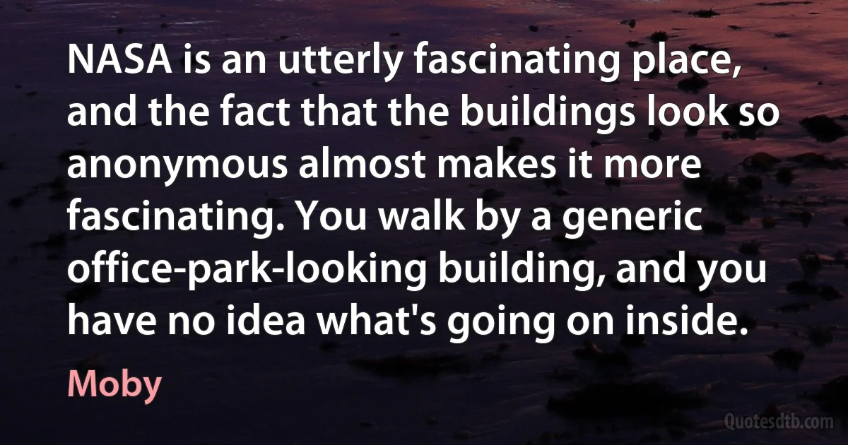 NASA is an utterly fascinating place, and the fact that the buildings look so anonymous almost makes it more fascinating. You walk by a generic office-park-looking building, and you have no idea what's going on inside. (Moby)