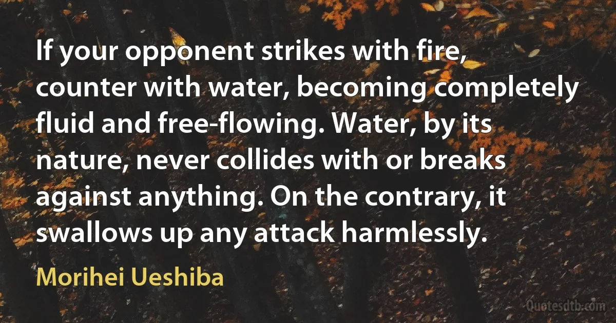 If your opponent strikes with fire, counter with water, becoming completely fluid and free-flowing. Water, by its nature, never collides with or breaks against anything. On the contrary, it swallows up any attack harmlessly. (Morihei Ueshiba)