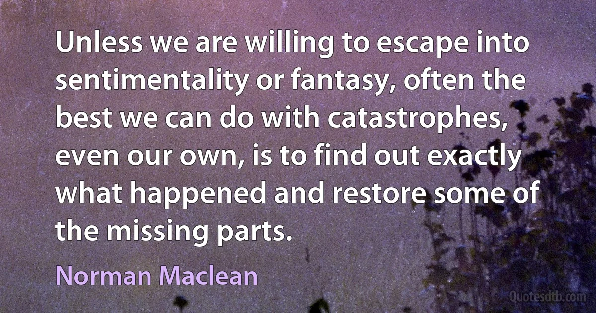 Unless we are willing to escape into sentimentality or fantasy, often the best we can do with catastrophes, even our own, is to find out exactly what happened and restore some of the missing parts. (Norman Maclean)