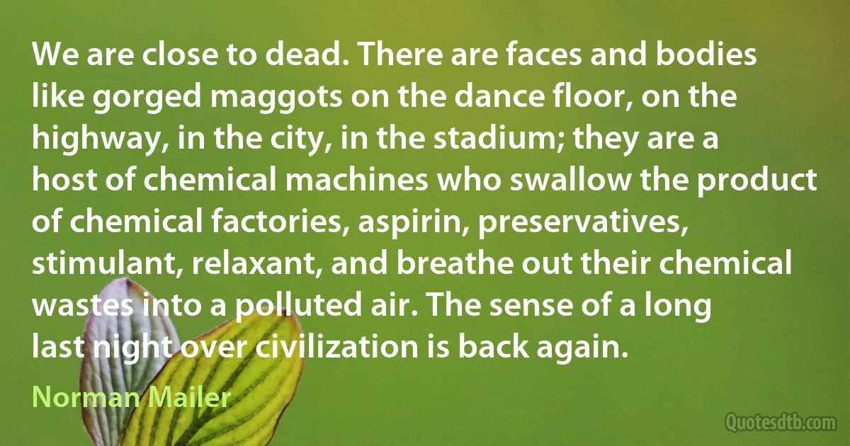 We are close to dead. There are faces and bodies like gorged maggots on the dance floor, on the highway, in the city, in the stadium; they are a host of chemical machines who swallow the product of chemical factories, aspirin, preservatives, stimulant, relaxant, and breathe out their chemical wastes into a polluted air. The sense of a long last night over civilization is back again. (Norman Mailer)