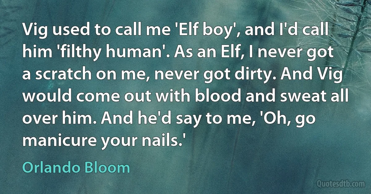 Vig used to call me 'Elf boy', and I'd call him 'filthy human'. As an Elf, I never got a scratch on me, never got dirty. And Vig would come out with blood and sweat all over him. And he'd say to me, 'Oh, go manicure your nails.' (Orlando Bloom)